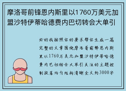 摩洛哥前锋恩内斯里以1760万美元加盟沙特伊蒂哈德费内巴切转会大单引关注 摩洛哥前锋恩内斯里以1760万美元加盟沙特伊蒂哈德费内巴切转会大单引关注