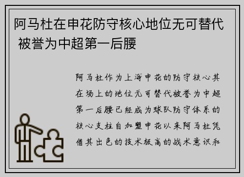 阿马杜在申花防守核心地位无可替代 被誉为中超第一后腰